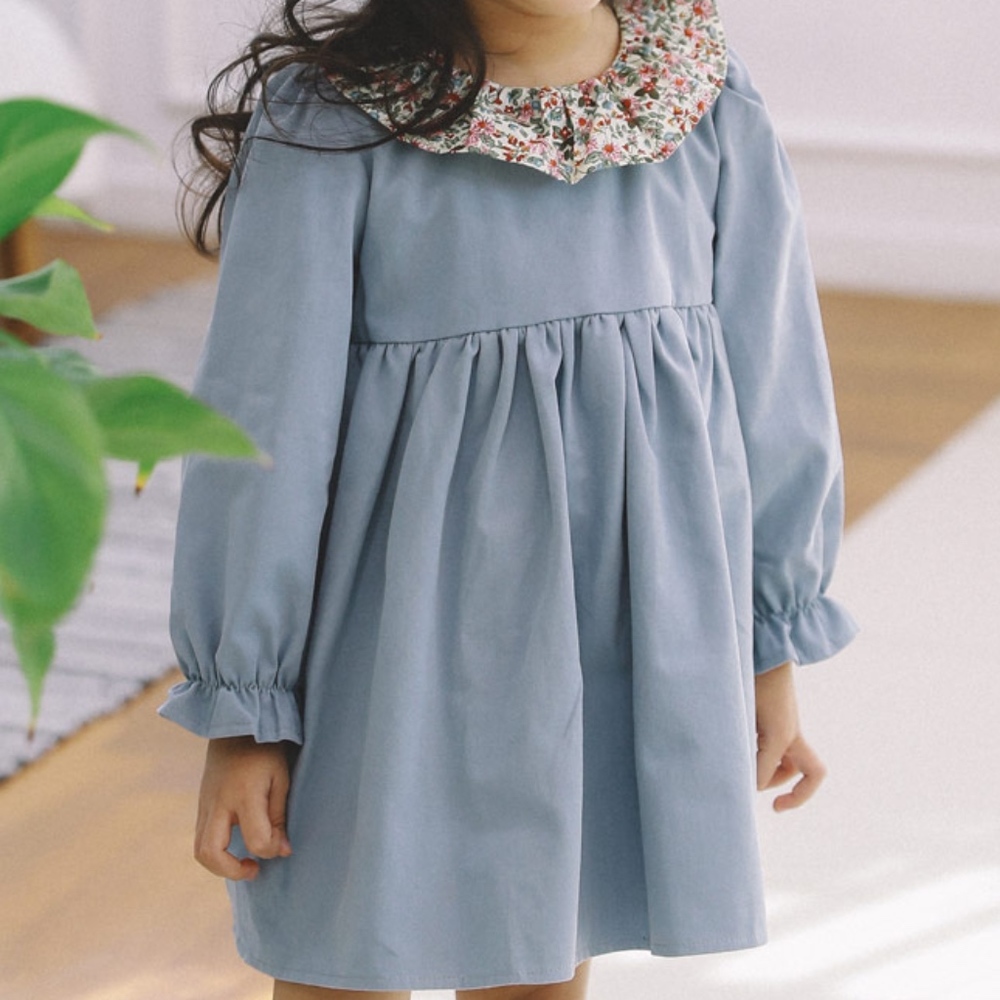 Girl Long Sleeve Pleated Denim Floral Collar Dress
